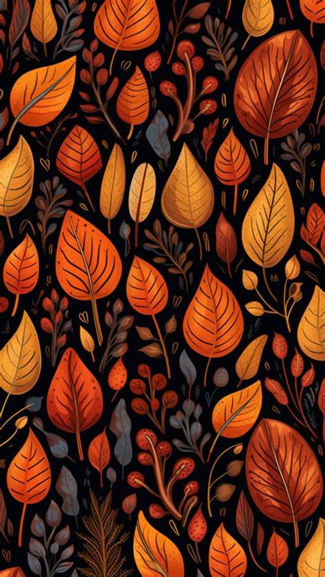 an orange and brown leafy pattern on a black background, with leaves in ...