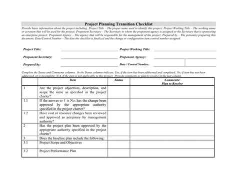 Project planning transition checklist in Word and Pdf formats