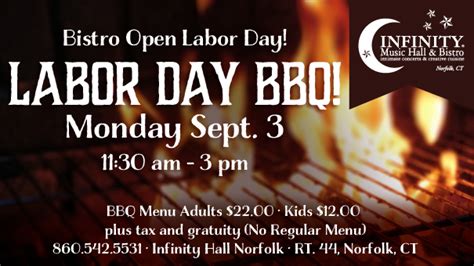 LABOR DAY BBQ BUFFET in Norfolk, CT (9/3/2018) - Infinity Music Hall