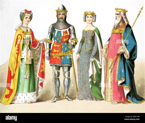 The figures represent an English lady of rank (1300s), Edward the Black Prince, Queen Philippa ...