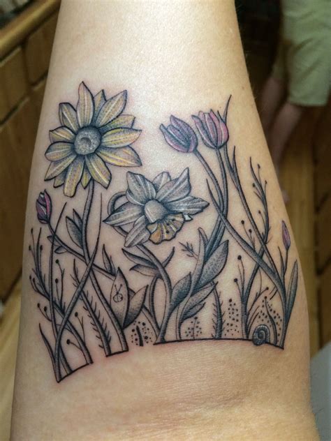 Floral / flower tattoo -- a whimsical garden on my forearm -- by Benjamin Moore at Ink Dreams ...