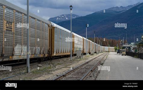 Freight train on tracks, Jasper National Park, Jasper, Alberta, Canada ...