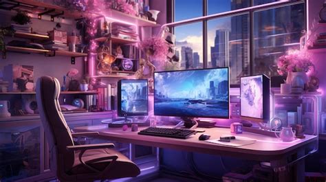 Premium AI Image | Anime girl gaming pc setup room lighting background ...