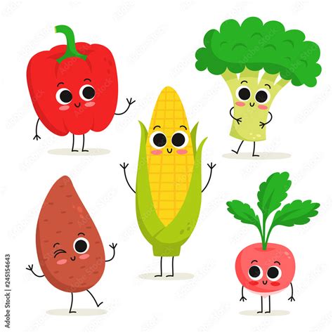 Set of 5 cute cartoon vegetable characters isolated on white: bell ...