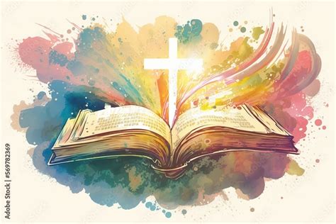 Bible illustration open book landscape art paradise sun light prayer jesus god Divine nature ...