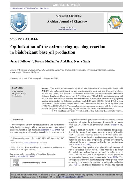 (PDF) Optimization of the oxirane ring opening reaction in biolubricant base oil production