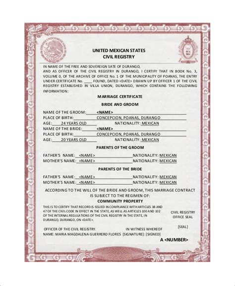 Mexican Marriage Certificate Translation Template