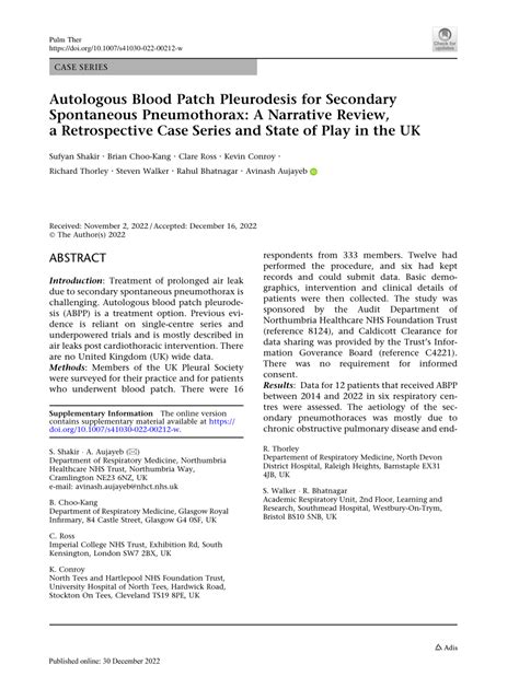 (PDF) Autologous Blood Patch Pleurodesis for Secondary Spontaneous ...