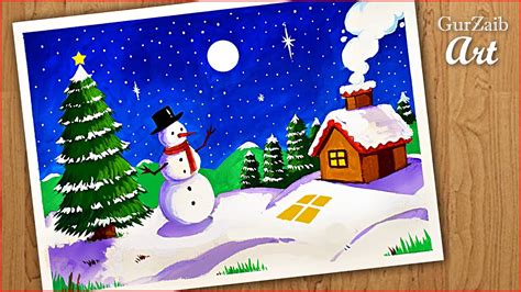 How to draw Christmas scenery drawing and painting with Christmas tree and snow man - YouTube