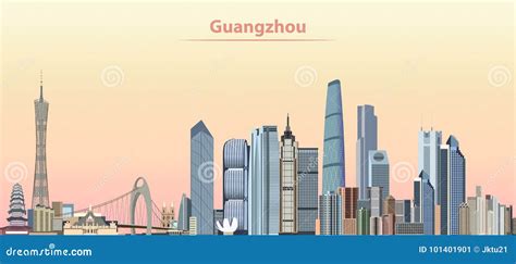 Vector Illustration of Guangzhou City Skyline at Sunrise Stock Vector ...