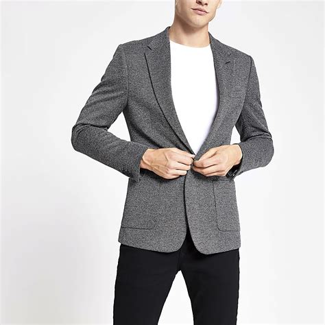 Dark grey textured skinny blazer | River Island