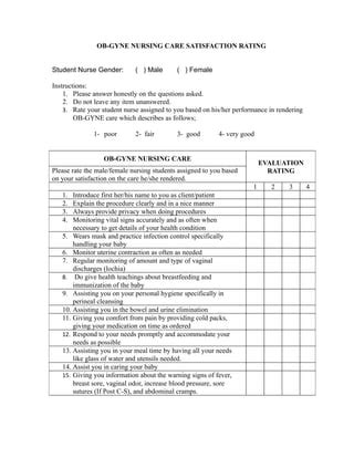 OB-GYNE Nursing Care Satisfaction Rating | PDF