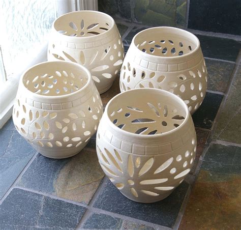 Handmade Clay,Stoneware, Pottery, White Wedding Candle Luminary, Cross,Candle Holder, Votive ...