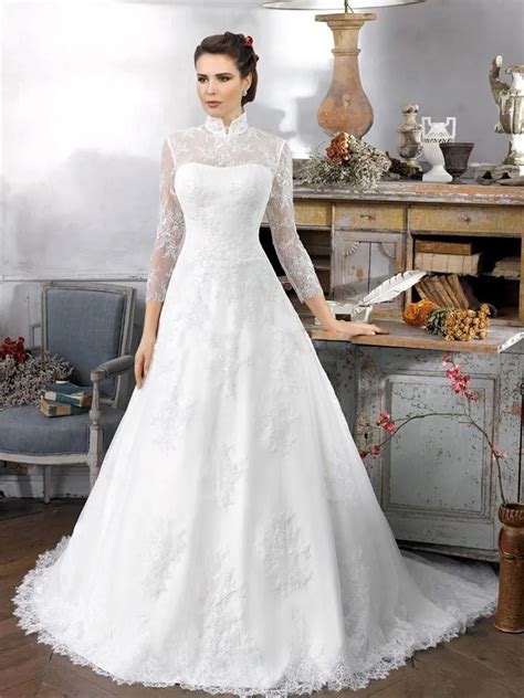 New Arrivals High Neck Long Sleeves Lace Sleeve Gaun Pengantin Wedding Dress A Line For Gilrs ...