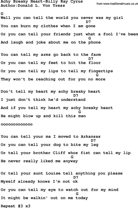 Country Music:Achy Breaky Heart-Billy Ray Cyrus Lyrics and Chords