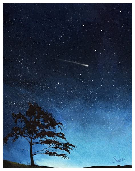 Shooting Star Nightscape Painting Starry Night Art Print With - Etsy