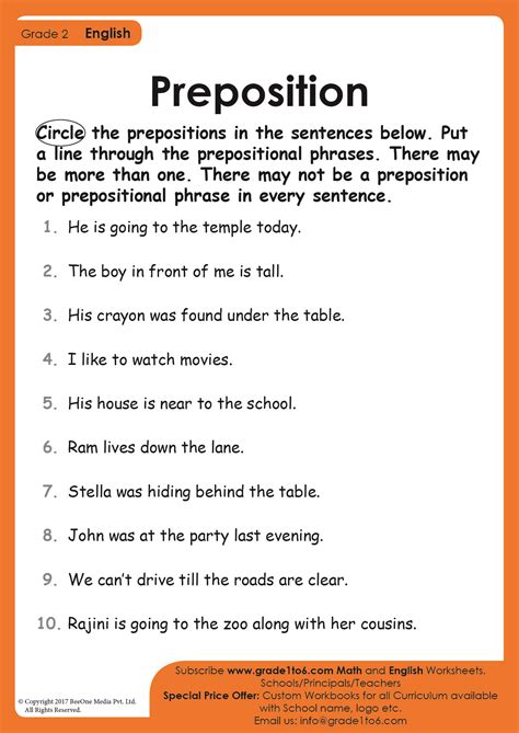 Preposition Worksheets For Grade 1