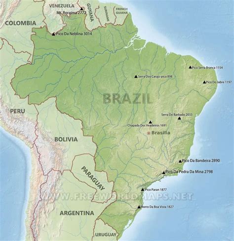 Brazil mountains map - Mountains in Brazil map (South America - Americas)