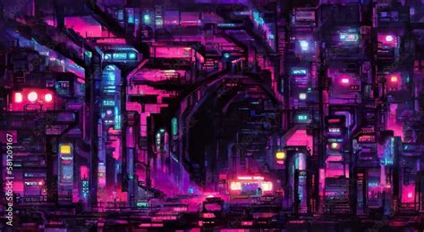 Cyberpunk neon city night. Purple violet Futuristic city scene in a ...