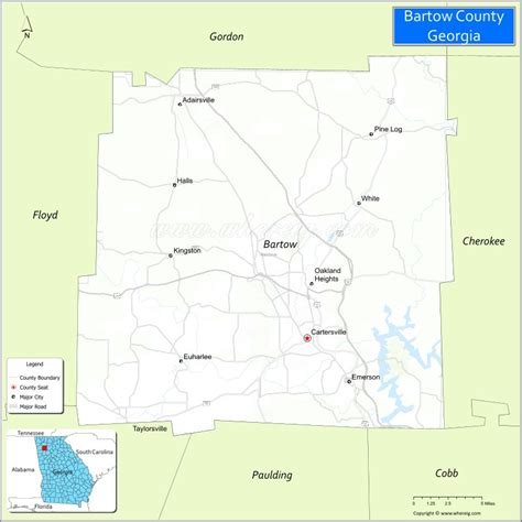 Map of Bartow County, Georgia showing cities, highways & important ...