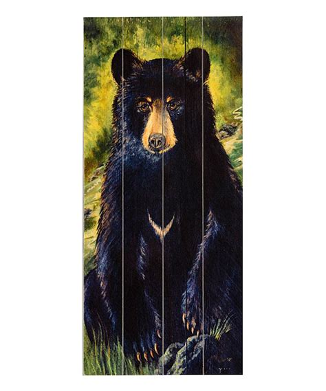 a painting of a black bear sitting on top of a wooden plank with grass ...