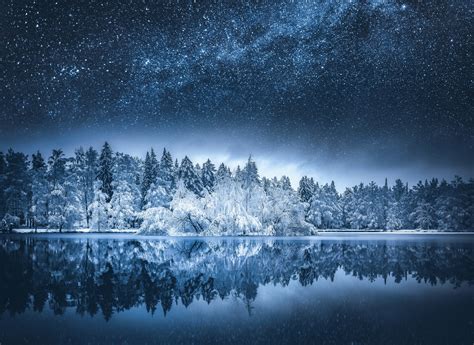 nature, Landscape, Snow, Milky Way, Lake, Starry Night, Water, Reflection, Forest, Fall, Trees ...