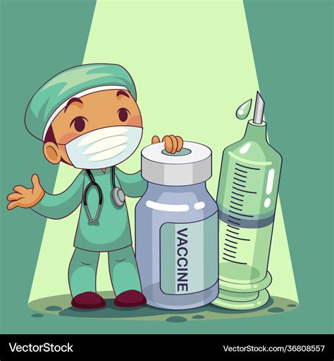 Doctor wearing medical mask with vaccine cartoon Vector Image