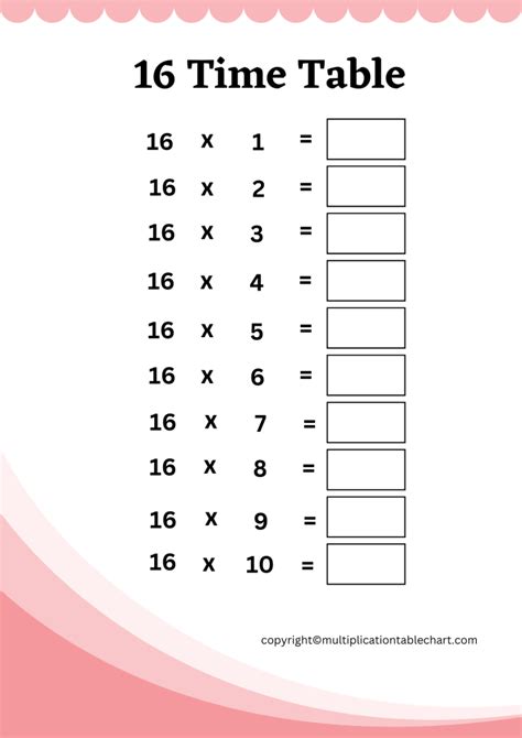 16 Times Table Worksheet [16 Multiplication Table] Free PDF