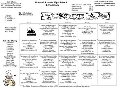 June 2017 Jr. H.S. Lunch Menu - Brunswick Junior High School