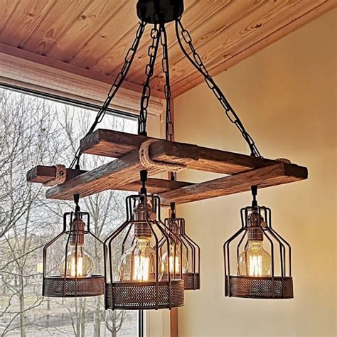 Rustic Wood Chandelier, Suspended Light Fixture, Industrial