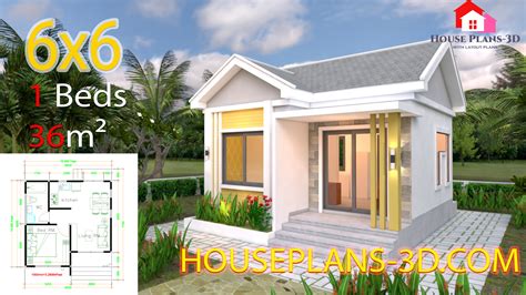 House Plans 6x6 with One Bedrooms Gable Roof - House Plans 3D