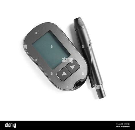 Glucometer and lancet pen on white background, top view. Diabetes testing kit Stock Photo - Alamy