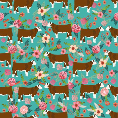 Hereford Cow farm floral fabric cattle teal fabric - petfriendly - Spoonflower