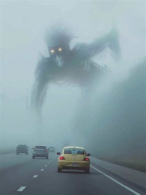 Towering Fog Monster Art Print, Scary Creature in Morning Fog With Creepy Glowing Yellow Eyes ...