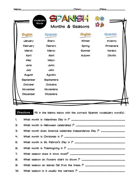 Spanish Months & Seasons Vocabulary Word List Worksheet & Answer Key | Made By Teachers