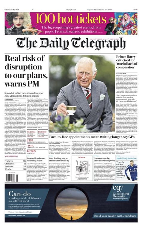 Daily Telegraph Front Page 15th of May 2021 - Tomorrow's Papers Today!