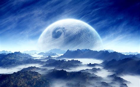 Wallpaper Dream landscape, planet, sky, mountains, clouds, blue, white 1920x1200 HD Picture ...