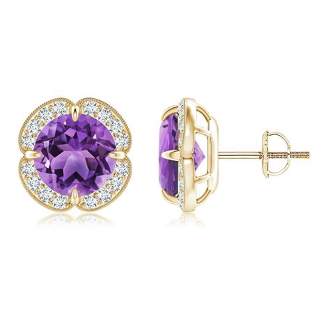 Angara - 3.4 Carats Claw-Set Amethyst Clover Stud Earrings For Women in 14K Yellow Gold (8mm ...