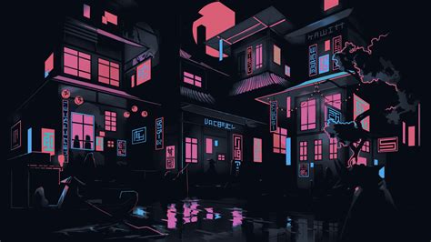 Neon Nightscape: Artistic Urban 4K Ultra HD Wallpaper by Leikoi