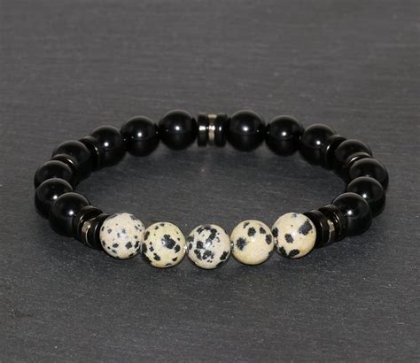 Amazon.com: Black Tourmaline and Dalmatian Jasper Bracelet Handmade 8mm Beaded Gemstone Bracelet ...