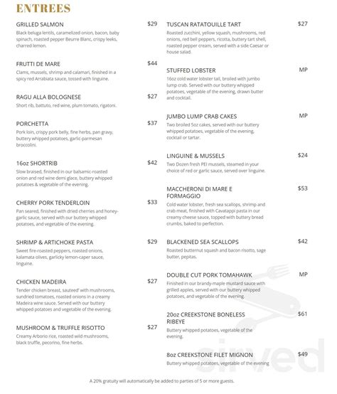 Benvenuto menu in Milford, Delaware, USA