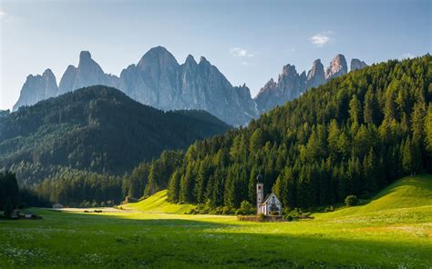 Wallpaper Church St. Johann, Dolomite Alps, sunrise, trees, grass ...