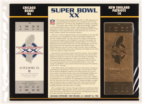 Bears Champions Super Bowl XX Commemorative 9x12 Score Card Display with Super Bowl Ticket ...