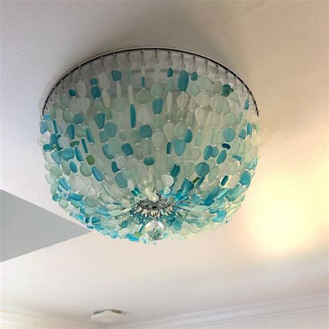 Sea Glass Chandelier Lighting Blue Ombre Coastal Decor Beach Glass Ceiling Fixture Flush Mount ...