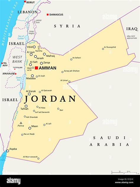 Jordan political map with capital Amman, national borders, important ...