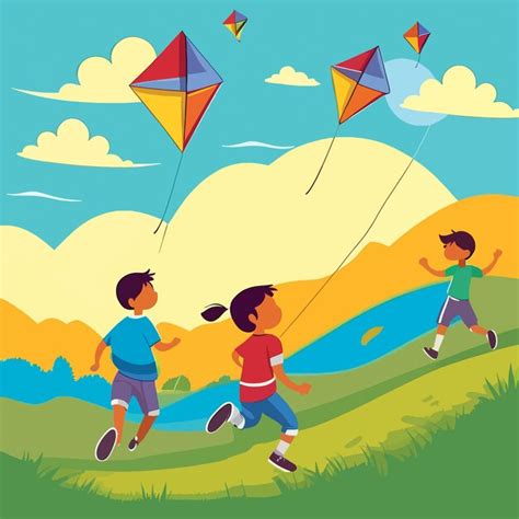 Premium Vector | Children playing and chasing kites