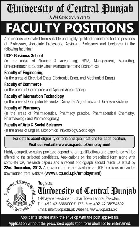 University of Central Punjab Lahore Jobs December 2012