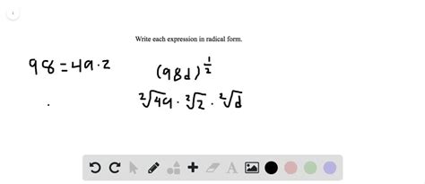 SOLVED:Write each expression in radical form. (98 d)^(1)/(2)