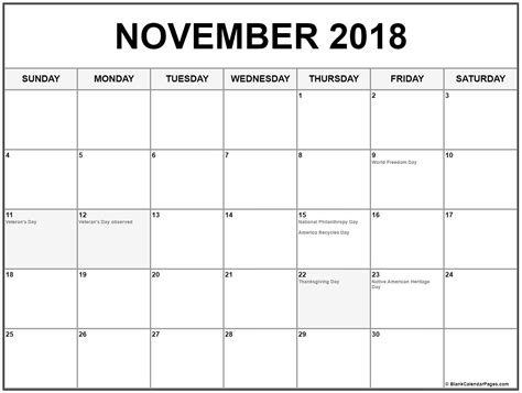 November 2018 with holidays calendar