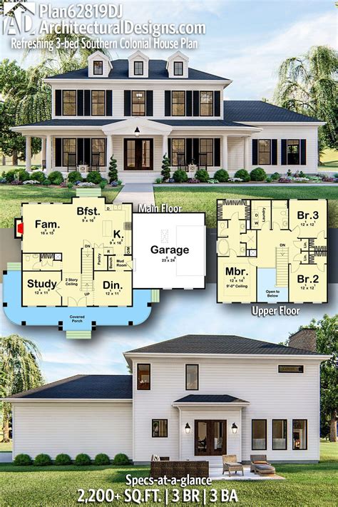 Plan 62819DJ: Refreshing 3-Bed Southern Colonial House Plan | Colonial house plans, Southern ...